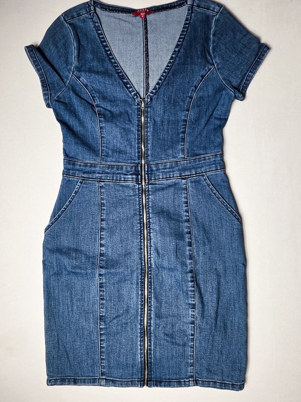 Medium GUESS Zip Front Denim Mini Dress Short Sleeve V neck Blue